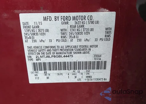 2016 Lincoln Mkx Reserve from USA, damaged, VIN 2LMTJ8LP8GBL44475